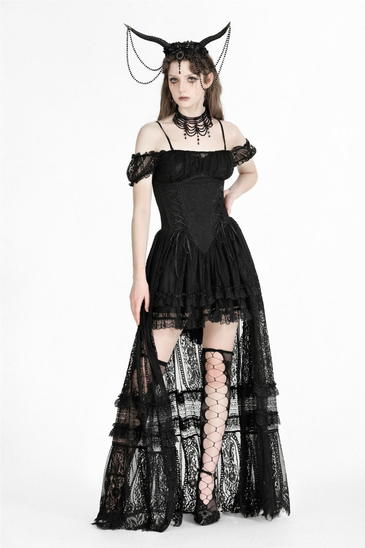 Black Off Shoulder Short Flutter Sleeves Lace-Up Lace High/Low Women's Gothic Prom Slip Dress - Product - 9