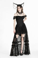 Black Off Shoulder Short Flutter Sleeves Lace-Up Lace High/Low Women's Gothic Prom Slip Dress - Product - 9