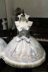 Blue [Snowman Bear] Square Collar Sleeveless Printed Ruffled Bow Sweet Lolita Jsk Dress - Blue - 1