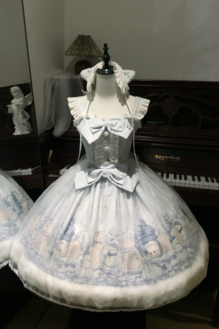 Blue [Snowman Bear] Square Collar Sleeveless Printed Ruffled Bow Sweet Lolita Jsk Dress - Blue - 1