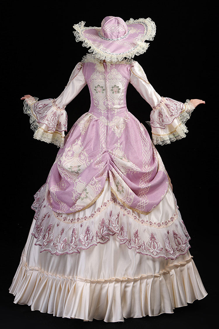 Pink/Champagne Trumpet Sleeves High Waisted Ruffled Multi-Layer Hollow Embroidery Print Victorian Lolita Prom Dress - Product - 4