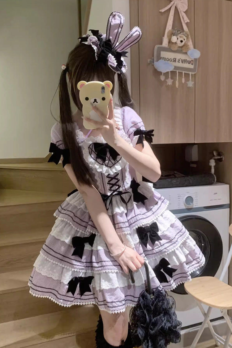 Triple-Layered Short Sleeves Vertical Stripes Print Ruffle Bowknot Lace-Up Sweet Lolita Jsk Dress 2 Colors - Product - 9