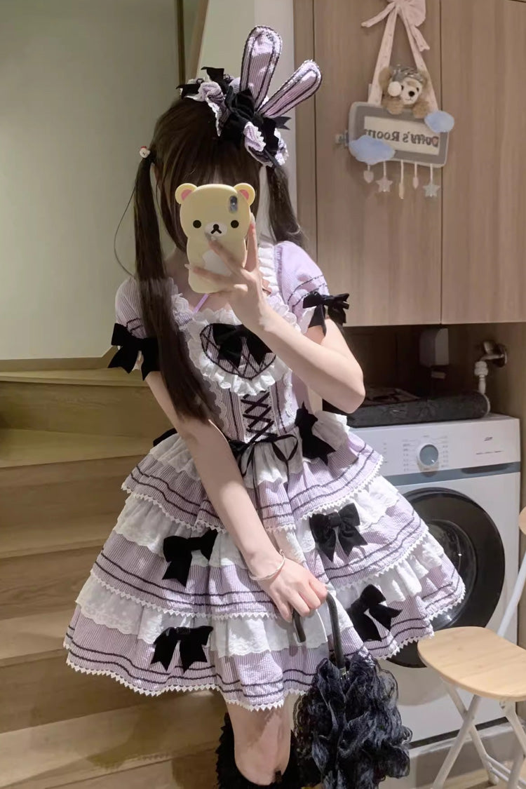 Triple-Layered Short Sleeves Vertical Stripes Print Ruffle Bowknot Lace-Up Sweet Lolita Jsk Dress 2 Colors - Product - 9