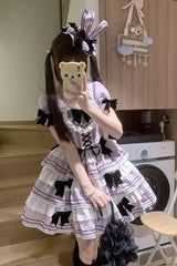 Triple-Layered Short Sleeves Vertical Stripes Print Ruffle Bowknot Lace-Up Sweet Lolita Jsk Dress 2 Colors - Product - 9