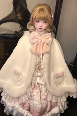 Ivory Cloud-Like Plush Bunny Ear Embroidered Bow Lace Sweet Lolita Cape Coat - Product - 5