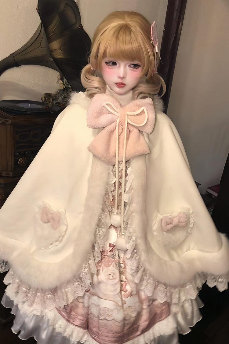 Ivory Cloud-Like Plush Bunny Ear Embroidered Bow Lace Sweet Lolita Cape Coat - Product - 5