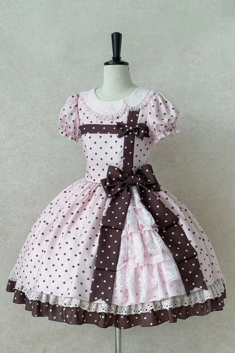 Pink [Canelé Gift Box] Round Collar Short Sleeves Double-Layered Printed Polka Dot Ruffled Open-Front Bow Asymmetric Sweet Lolita Dress Version 2 - Pink - 1