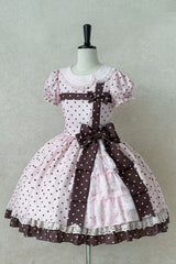 Pink [Canelé Gift Box] Round Collar Short Sleeves Double-Layered Printed Polka Dot Ruffled Open-Front Bow Asymmetric Sweet Lolita Dress Version 2 - Pink - 1