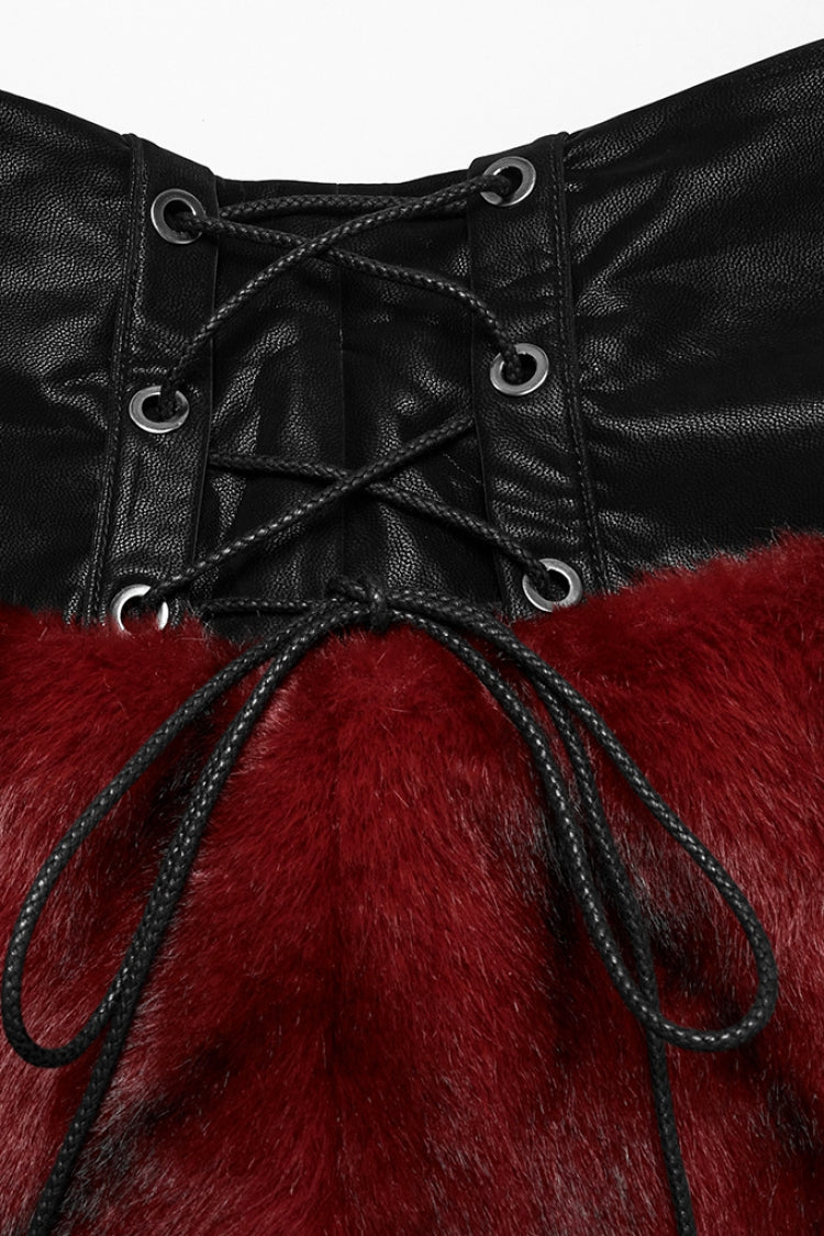 Black/Red Faux Fur Stitching Faux Leather Lace-Up Women's Punk Skirt - Product - 6