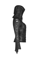 Black Front Chest Lace-Up Flare Sleeve Splice Mesh Plus Size Broken Holes Knit Hooded Women's Punk T-Shirt - Product - 6