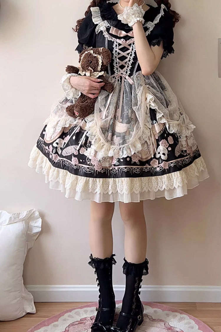 Black Sleeveless Rose Prologue Print Ruffle Bowknot Sweet Elegant Princess Lolita Jsk Dress - Product - 7