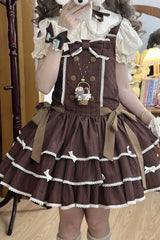 Brown Sleeveless Triple-Layered Printed Ruffled Bow Sweet Lolita Strap Dress - Product - 2