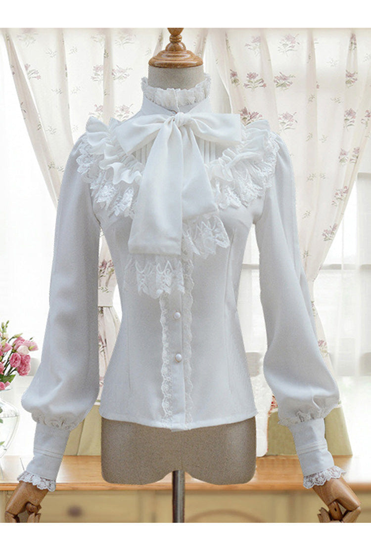 Solid Color Lantern Sleeves Stand Collar Bowknot Tie Classic Lolita Blouse 4 Colors - White - 2
