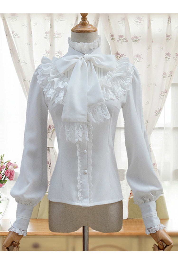 Solid Color Lantern Sleeves Stand Collar Bowknot Tie Classic Lolita Blouse 4 Colors - White - 2