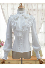 Solid Color Lantern Sleeves Stand Collar Bowknot Tie Classic Lolita Blouse 4 Colors - White - 2