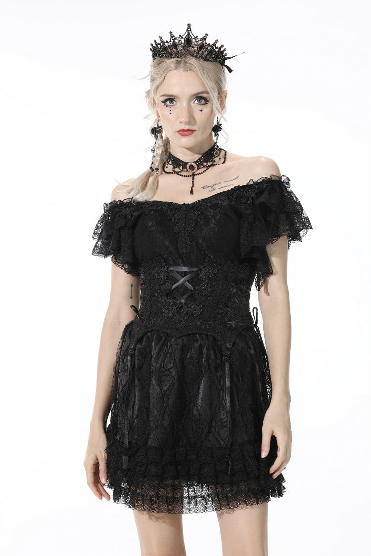 Black Floral Embroidered Lace-Up Strappy Women's Gothic Gorgeous Corset - Black - 1