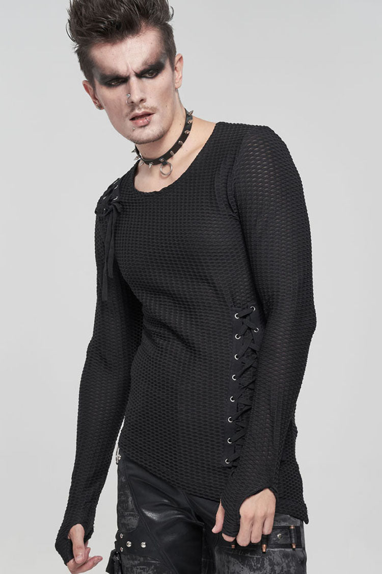 Black Gothic Asymmetry Drawstring Decoration Coarse Net Men's Shirt - Product - 2