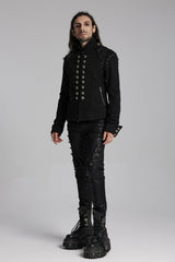Black/Silver Stand Collar Long Sleeves Lace-Up Buttons Men's Punk Jacket - Product - 4