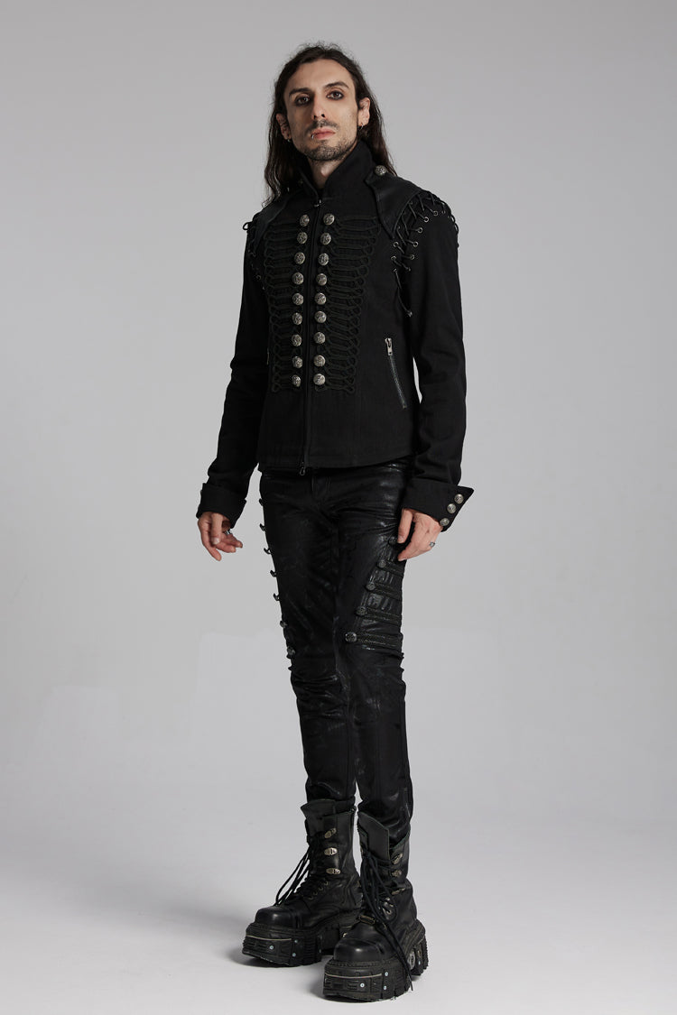Black/Silver Stand Collar Long Sleeves Lace-Up Buttons Men's Punk Jacket - Product - 4