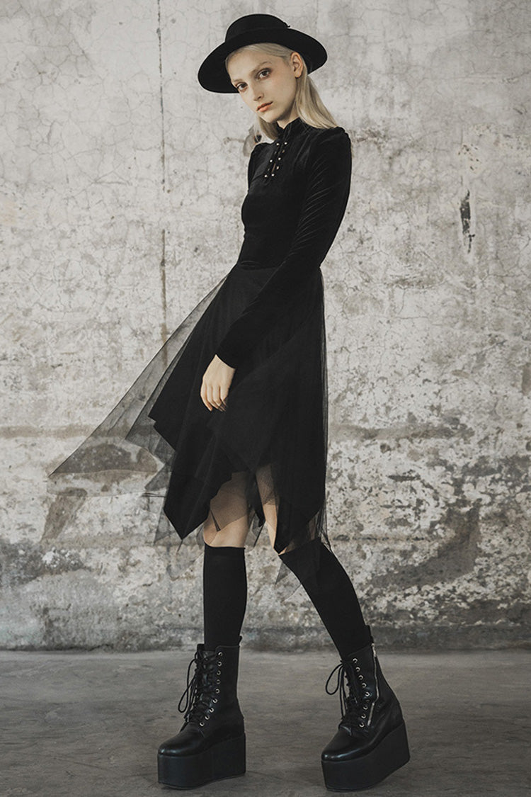 Black Velvet Mesh Stitching Elastic Women's Gothic Dress - Product - 3