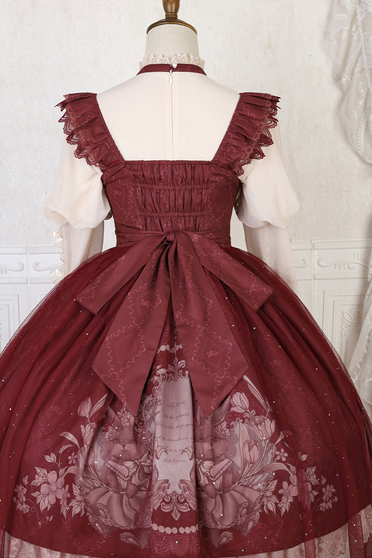 Red Bunny Tea Party Print Ruffle Bowknot Sweet Lolita Jsk Dress - Product - 5