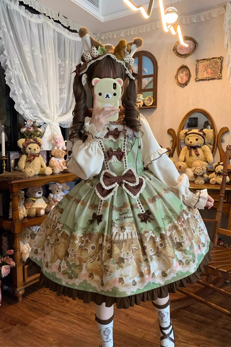 Green [Squirrel Chocolate Shop] Doll Collar Long Sleeves Printed Ruffled Bow Sweet Lolita Dress - Product - 6