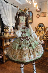 Green [Squirrel Chocolate Shop] Doll Collar Long Sleeves Printed Ruffled Bow Sweet Lolita Dress - Product - 6