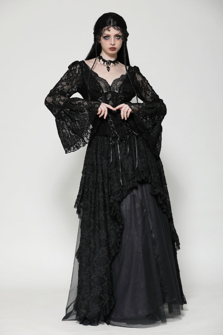 Black Deep V Collar Long Trumpet Sleeves Lace Lace-Up Women's Gothic Corset Top - Product - 7