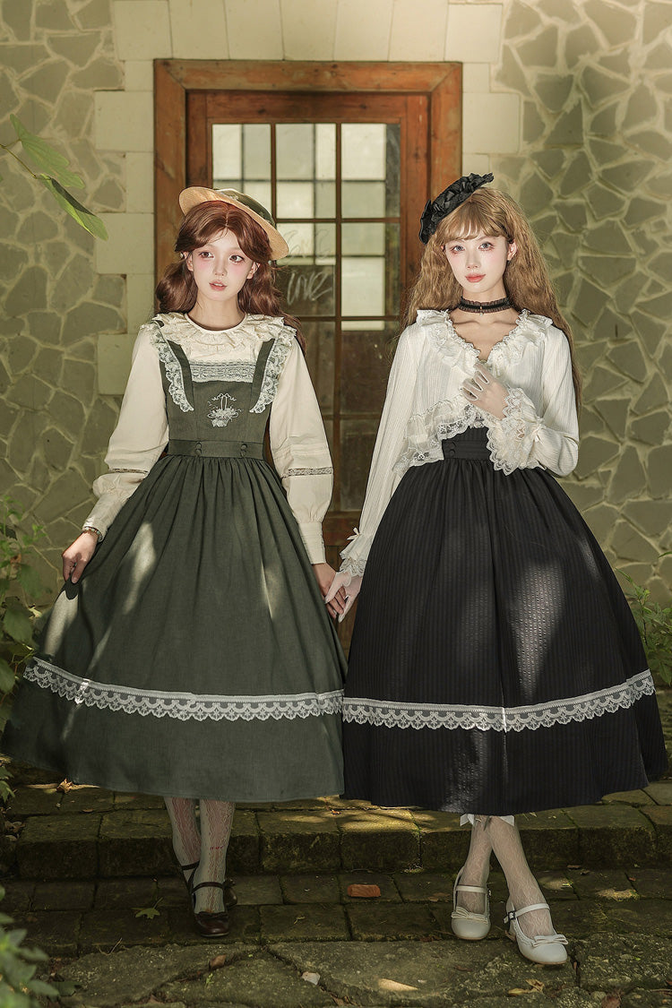 [The Oak Tree in the Wind] Square Collar Sleeveless Jacquard Embroidered Lace Classic Elegant Lolita Jsk Dress 2 Colors (Black, Green) - Product - 8