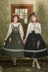 [The Oak Tree in the Wind] Square Collar Sleeveless Jacquard Embroidered Lace Classic Elegant Lolita Jsk Dress 2 Colors (Black, Green) - Product - 8