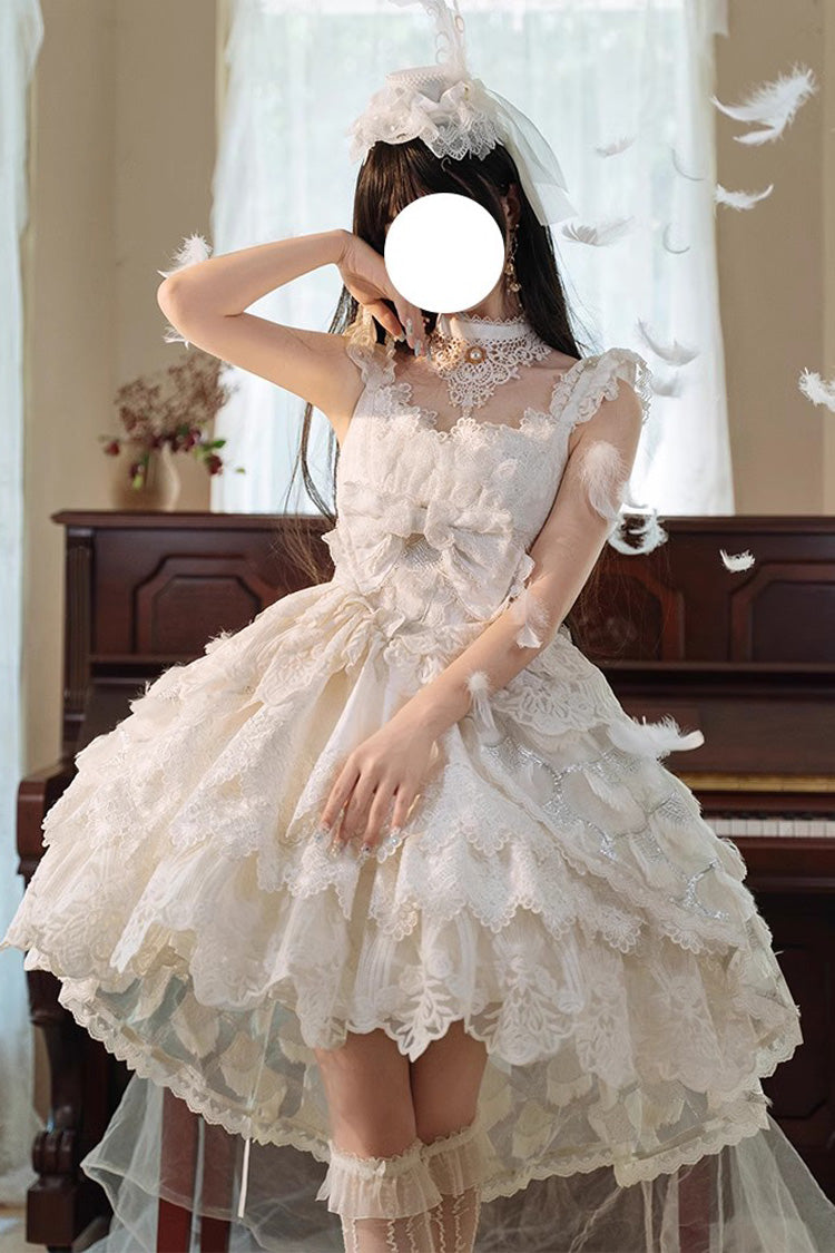 White [Peacock Feather] Multi-Layered Ruffle Hanayome Cardigan Bowknot Lace Sweet Lolita Jsk Dress Set - White - 1
