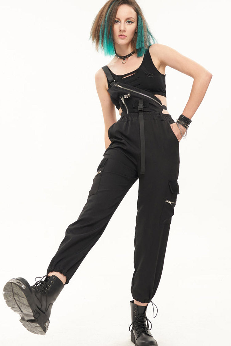 Black Punk Casual Single Shoulder Multiple Pockets Skull Head Decoration Strap Women's Pants - Product - 4