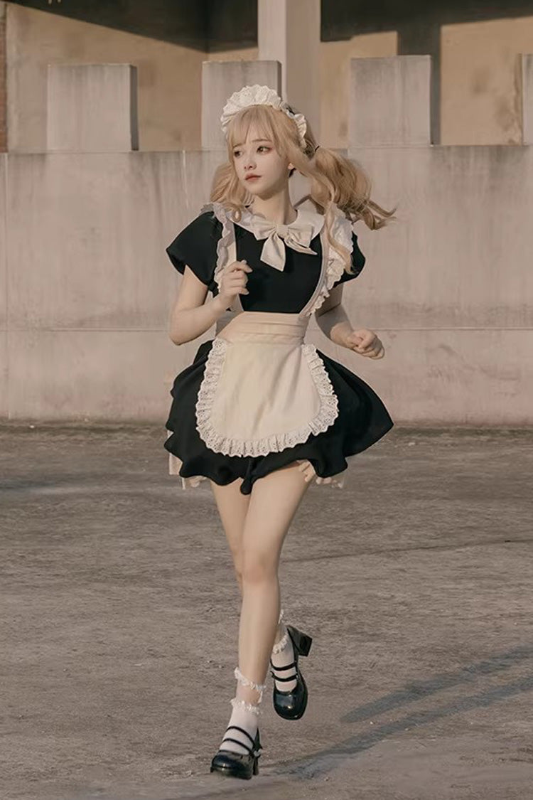Black/White Round Collar Short Sleeves Ruffled Bow Sweet Elegant Lolita Maid Dress 2 Versions - Product - 10