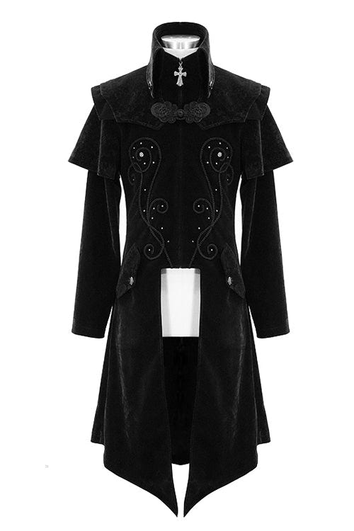 Black Hand Embroidered Cape Collar Velveteen Gothic Mens Coat - Product - 4