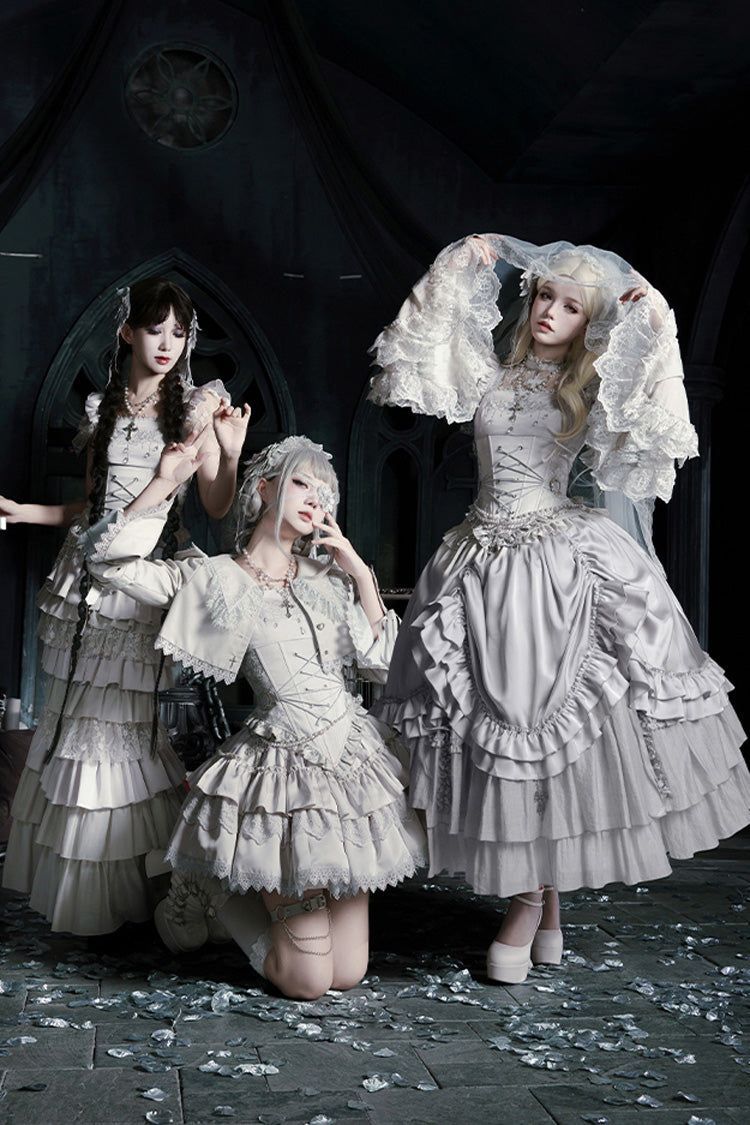 Solid Color [Bionic Doll] Square Collar Multi-Layered Ruffle Bowknot Lace-Up Gothic Lolita Long Skirt Corset Set - Product - 7