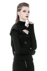 Black Women's Punk Long Sleeves Cut-Out Cross Connection Front Hooded Top - Product - 11
