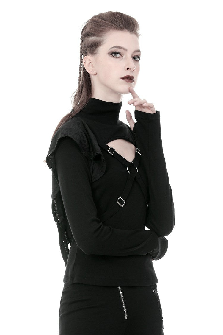 Black Women's Punk Long Sleeves Cut-Out Cross Connection Front Hooded Top - Product - 11