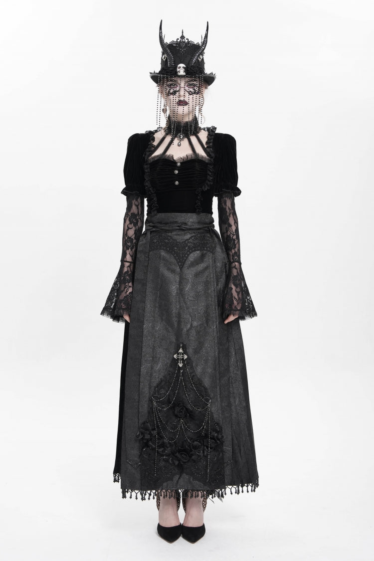 Black Floral Cross Embroidery Chain Women's Gothic Horse-face Long Skirt - Product - 5