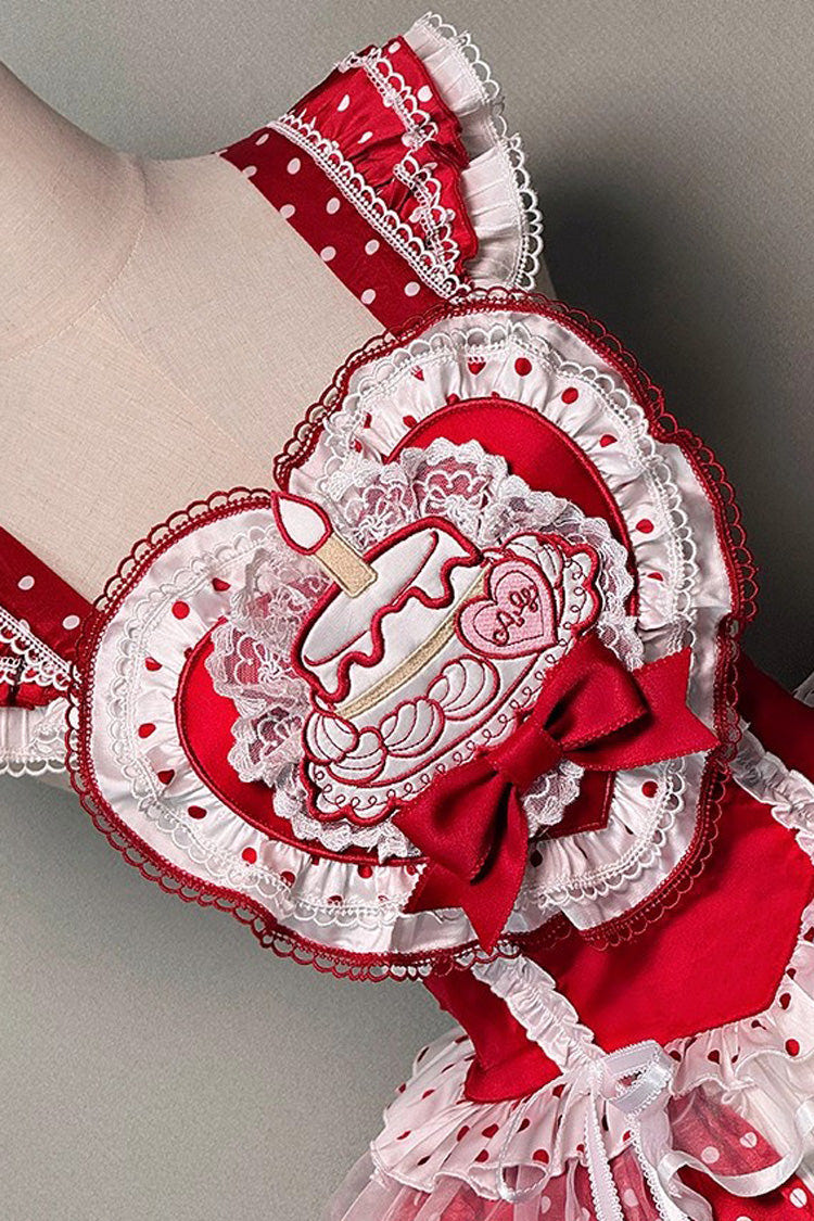 Red/White [Twin Bears] Birthday Cake Sleeveless Print Ruffle Bowknot Lace Sweet Lolita Big Flower Bud Dress - Product - 5