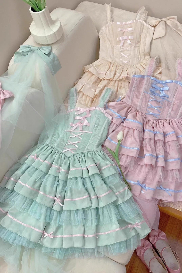 Green Triple-Layered Ruffle Bowknot Lace Fishbone Sweet Ballet Lolita Jsk Dress (Shirt Included) - Product - 4