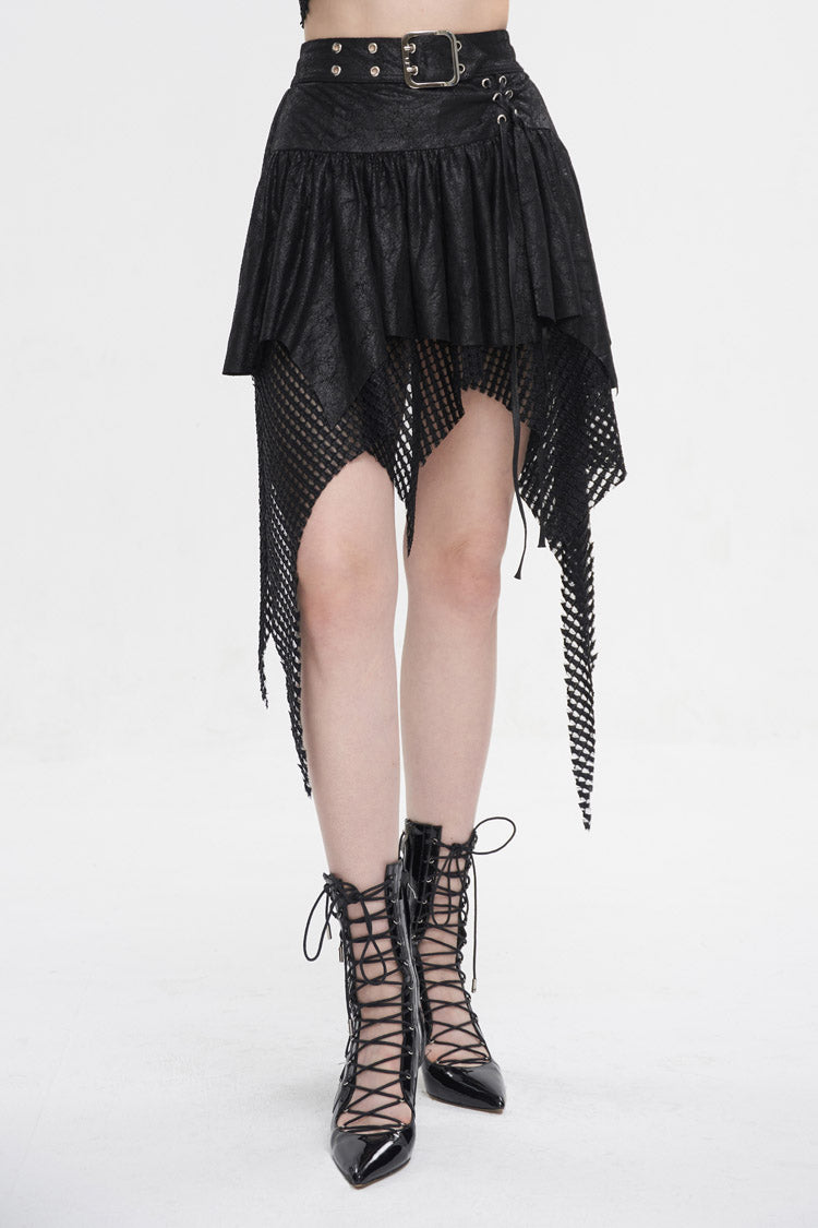 Black Lrregular Mesh Splice Buckle Women's Gothic Skirt - Product - 2