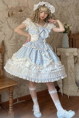 Blue [Tea Break Sweetheart] Short Sleeves Multi-Layered Plaid Print Ruffle Sweet Lolita Dress - Product - 6