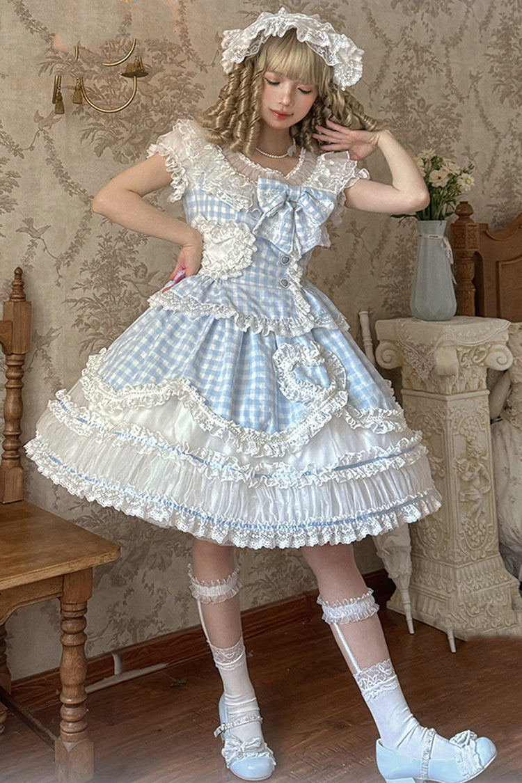 Blue [Tea Break Sweetheart] Short Sleeves Multi-Layered Plaid Print Ruffle Sweet Lolita Dress - Product - 6