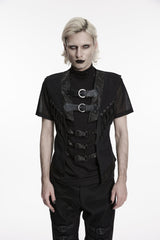Black Cut-Out Lace-Up Slim Mesh Buckled Eyelet Men's Punk Handsome Vest - Black - 1