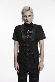 Black Cut-Out Lace-Up Slim Mesh Buckled Eyelet Men's Punk Handsome Vest - Black - 1
