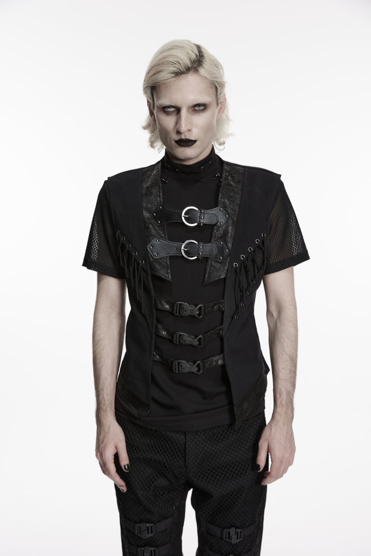 Black Cut-Out Lace-Up Slim Mesh Buckled Eyelet Men's Punk Handsome Vest - Black - 1