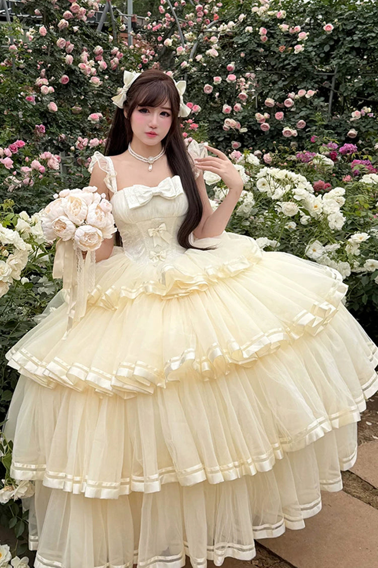 Apricot [Sweet Organza Satin] Sleeveless Multi-Layered Ruffled Hanayome Bow Lace Sweet Elegant Princess Lolita Jsk Dress - Product - 11