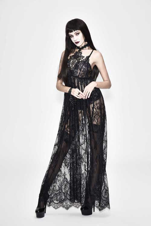 Black Mysterious Night Transparent Lace High Waist Sexy Halter Long Gothic Womens Dress - Product - 3