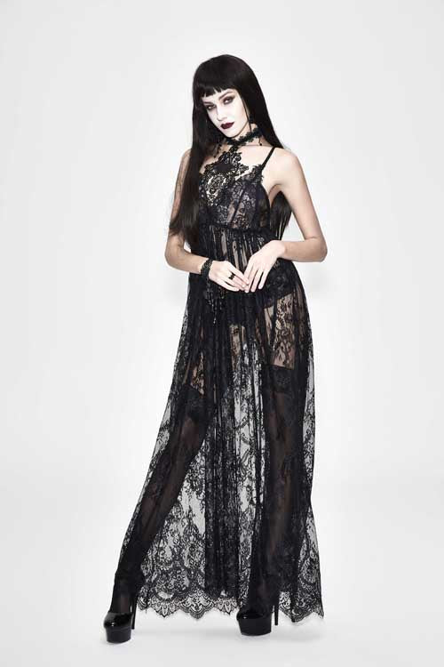 Black Mysterious Night Transparent Lace High Waist Sexy Halter Long Gothic Womens Dress - Product - 3