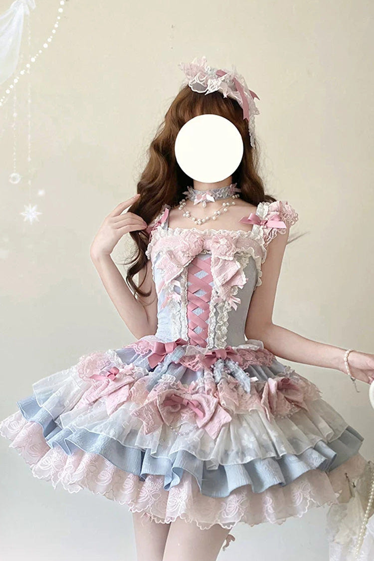 Blue/Pink [Honey Sweet Tart] Square Collar Sleeveless Multi-Layered Jacquard Ruffled Bow Lace Lace-Up Lolita Jsk Dress - Product - 2